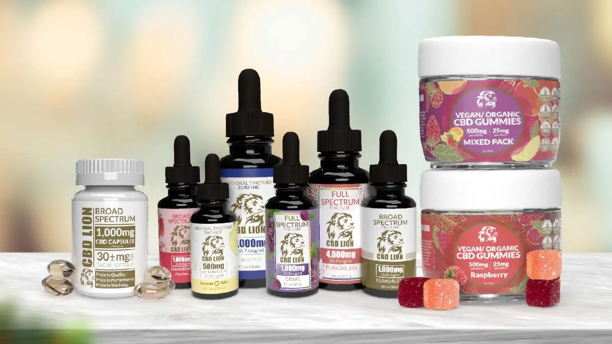 CBD Lion Products in blurred background